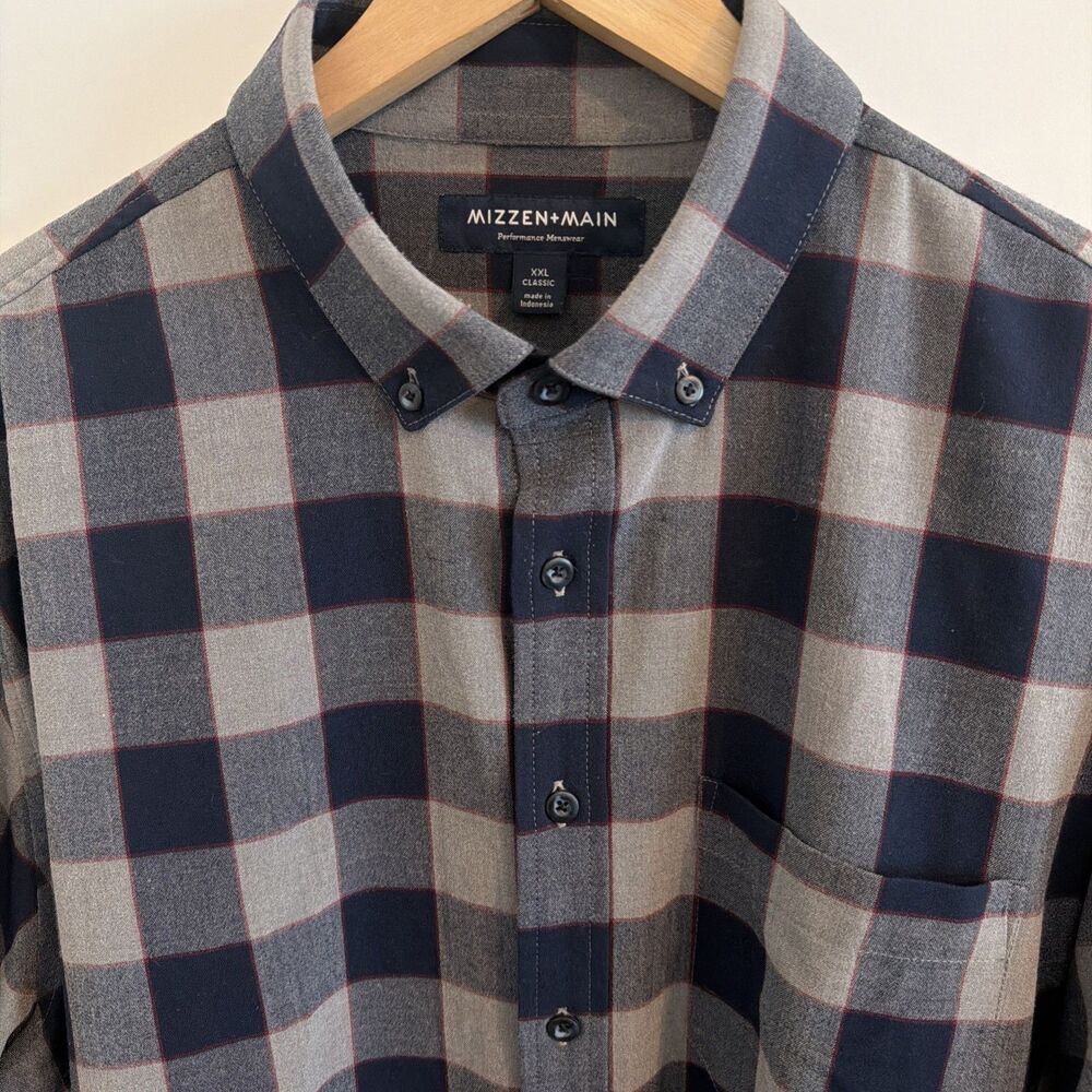 Mizzen+Main Leeward Performance Button Down Shirt Mens XXL Blue Gray Check Plaid